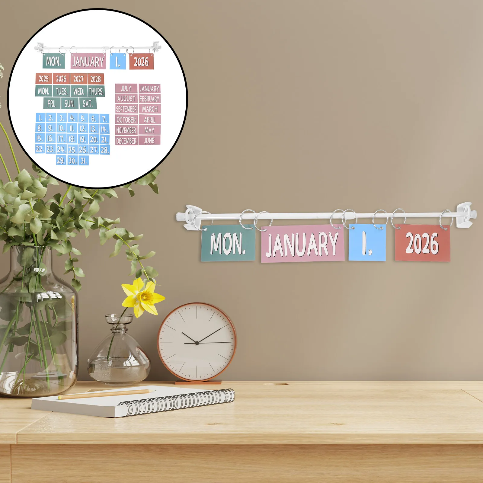 

1Set Classroom Flip Calendar Bulletin Board Set Vintage Retro Boho Style for Teaching Time Concepts Preschool Homeschool