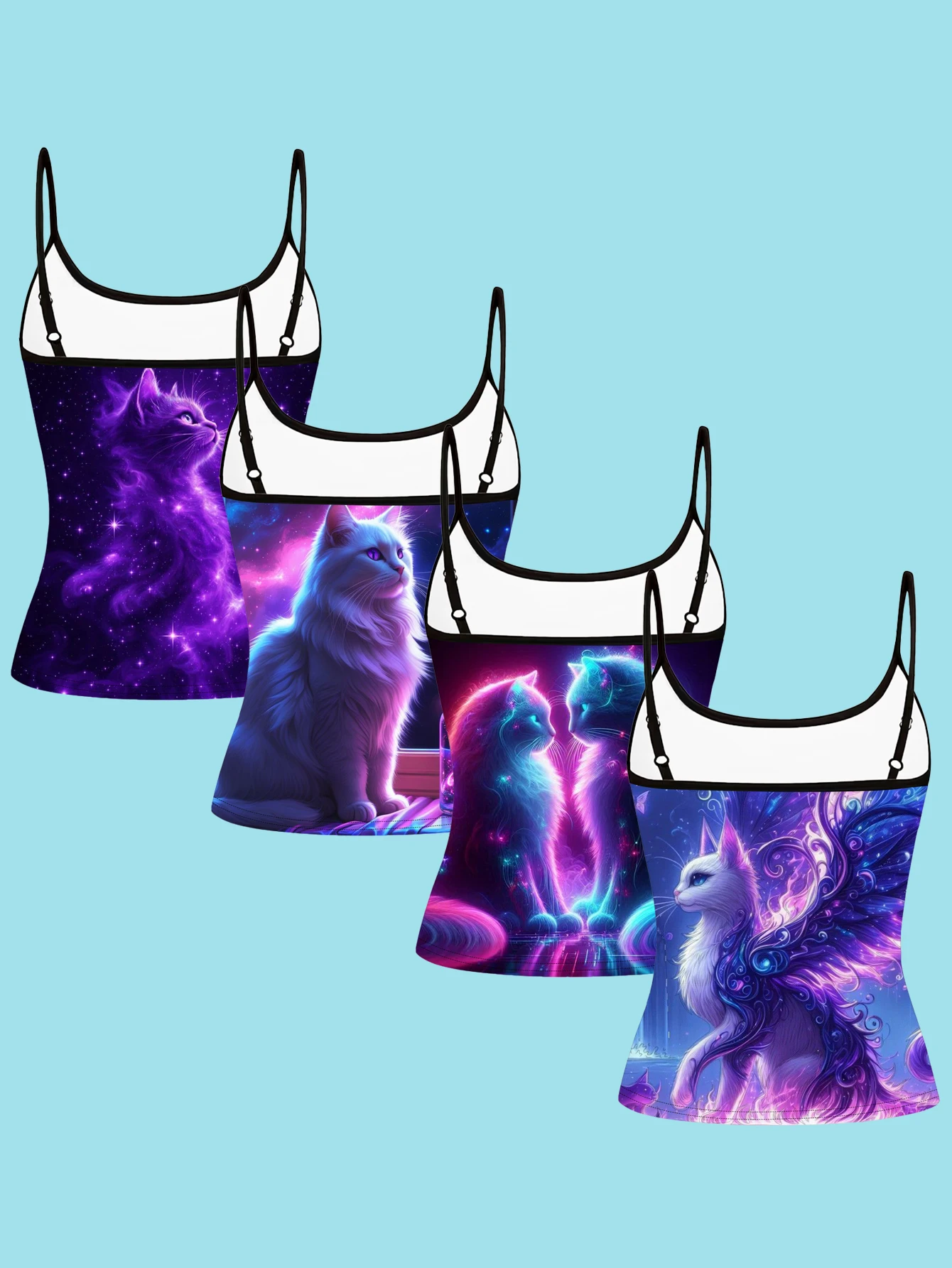 4-Piece Set of Women's Dreamy Starry Sky Long-Haired Cat Print Spaghetti Strap Camisole Slim-Fit Inner Layering Top