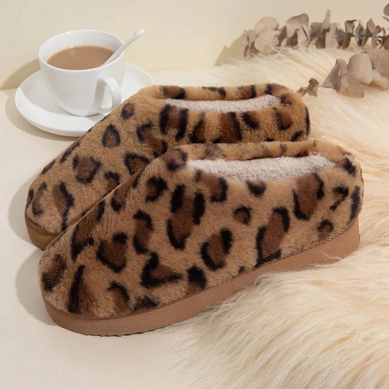 

Leopard Printed Furry Fluffy Slippers for Ladies Autumn and Winter Outerwear Non-slips Plush Slides Ladie Lazy Home Slides Shoes