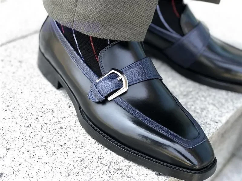 

British Italian Style Black Cowhide Loafers Square Toe Single Buckle Men's Party Business Causal Shoes Size 38-44