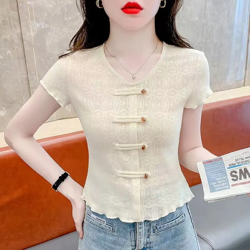 Summer Women\'s Clothing Round Neck Hook Flower Hollow Solid Color Pullover Short Sleeve Button T-shirt Casual Office Lady Tops