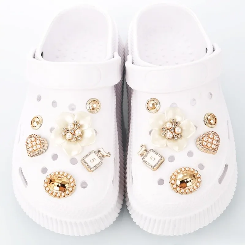 12PCS Detachable Acrylic Pearl Flower Shoe Decorations DIY Hole Small Fragrance Style Removable Jewelry Accessory for Shoes