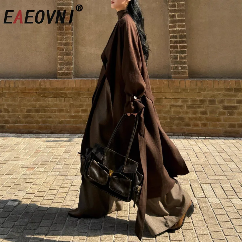 

EAEOVNI Vintage Coffee Long Trench Coat Women Fashion Stand Collar Belt Gathered Waist Loose Windbreaker 2025 Autumn Winter New