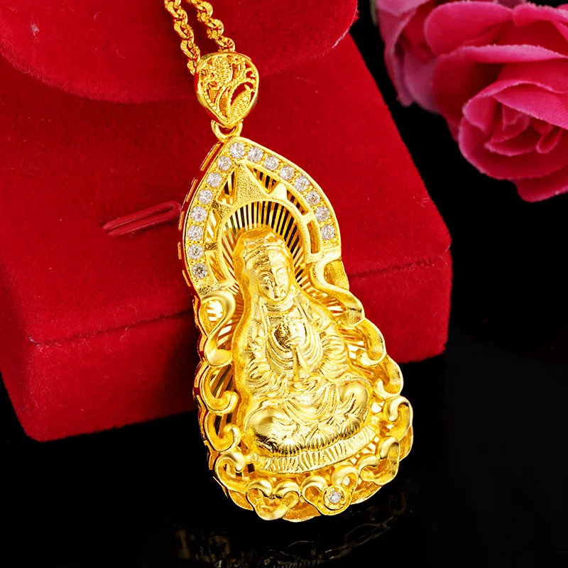 Pure14K Gold Color High Imitation Gold Buddha Statue Inlaid with 3A Zircon Maitreya Buddha Female Natal Guanyin Pendant Necklace