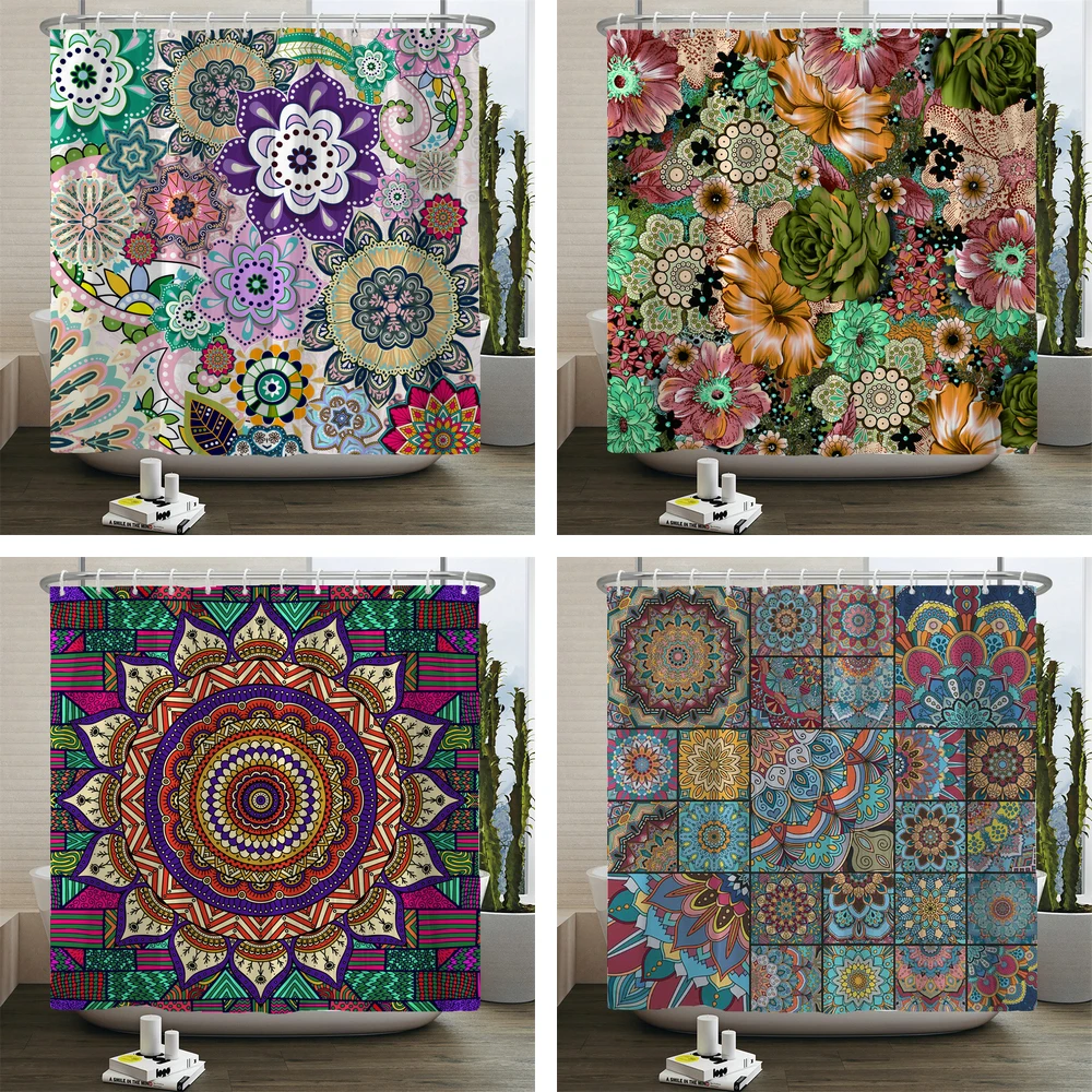 Bohemian style Shower Curtains Mandala Boho Flowers and Plants Printing Bathroom Curtains Waterproof Polyester Bath Curtain