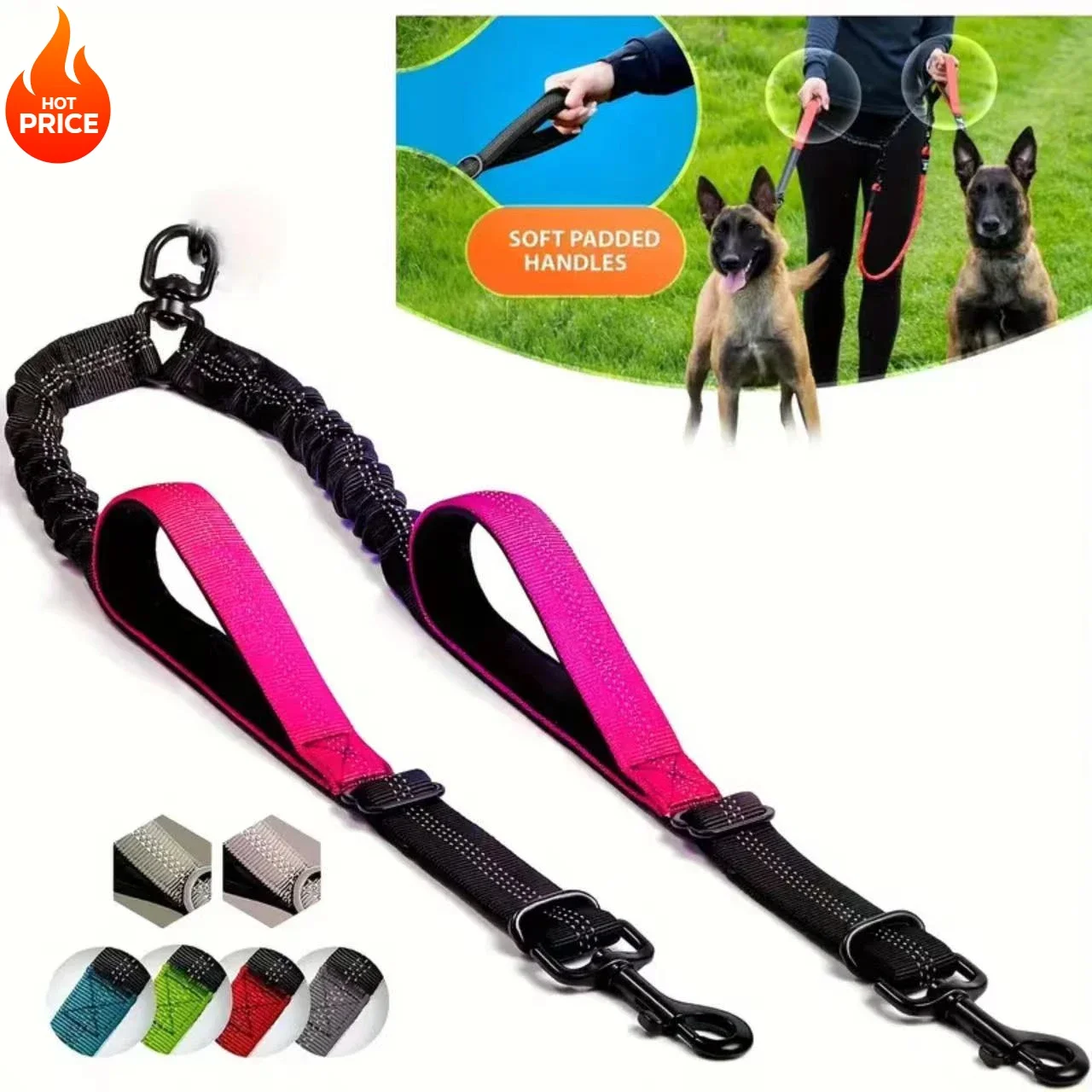 Dual Dog Leash Coupler - No-Tangle, No-Pull Bungee Leash - 360° Swivel,Comfort Padded Handles,  Reflective, Shock Absorbing - Pe