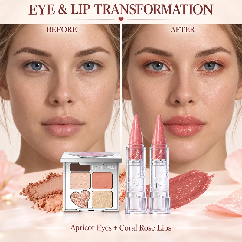 5 Color Eyeshadow and Eyebrow Palette with 2 Shimmer Lipsticks, 3PCS Makeup Set for Women, Matte and Shimmer Eye Shadow, Brow Powder, Coordinated Eye and Lip Makeup Kit, Compact Beauty Gift Set for Everyday Looks, Travel, Date Nights, Parties and Holidays