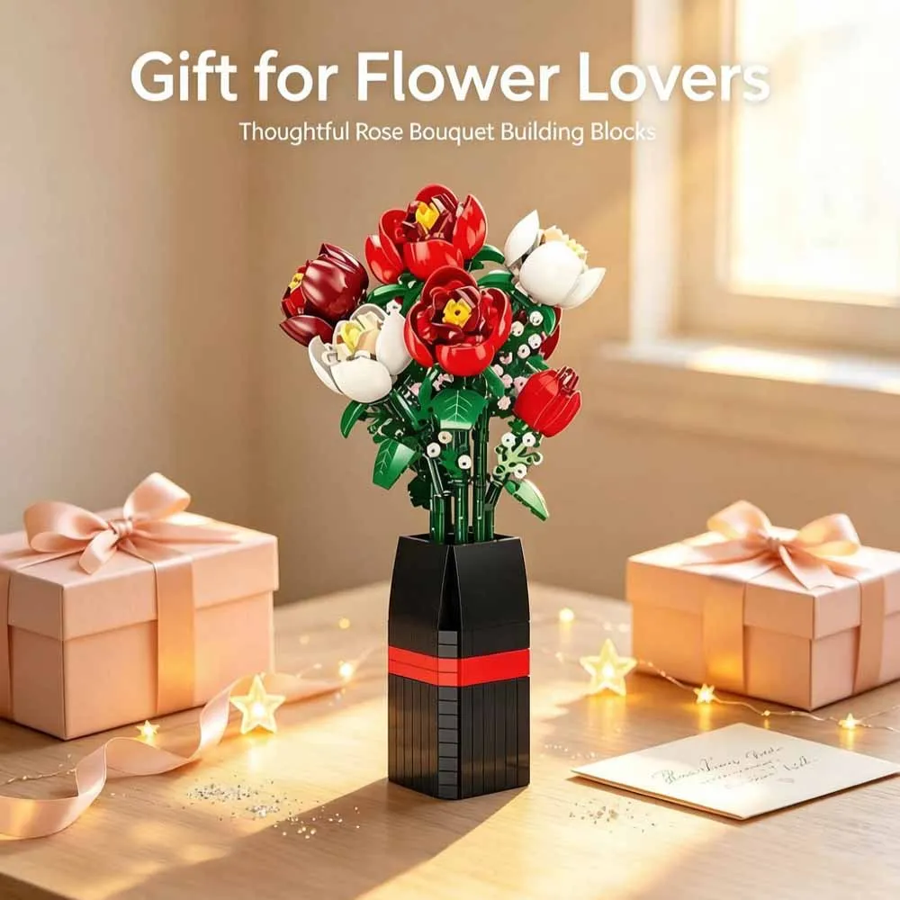 1. 878Pcs Red‑White Rose Floral Brick Model With Vase Handmade Bouquet Craft Home Table Ornament Birthday Gift For Ladies 2.
