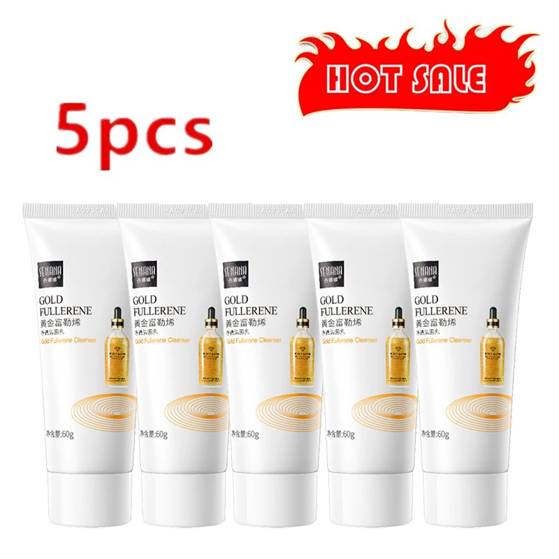 5pcs Gold Fullerene Facial Cleanser Face Wash Deep Cleansing Oil-Control Moisturizing Soften Skin Dense Foam Skin Care Products