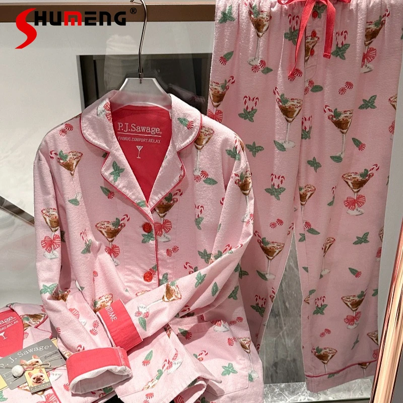 

Рождественский хлопковый пижамный комплект для женщин, полностью хлопковые длинные брюки с длинными рукавами, комплект домашней одежды, женское зимнее теплое нижнее белье, костюмы