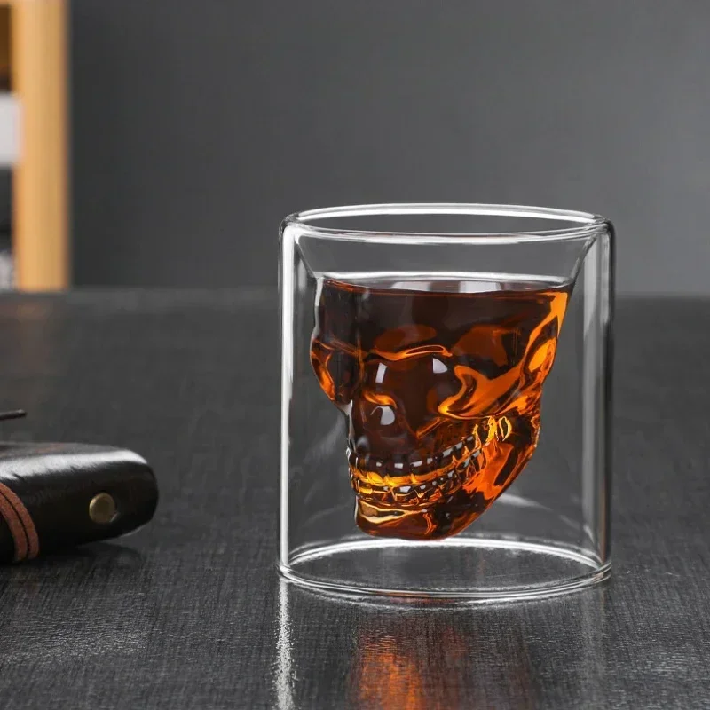 250ml Double-layered Transparent Skull Head Coffee Mug Crystal Glass Cup for Home Bar Club Whiskey Tequila Wine Vodka and Beer