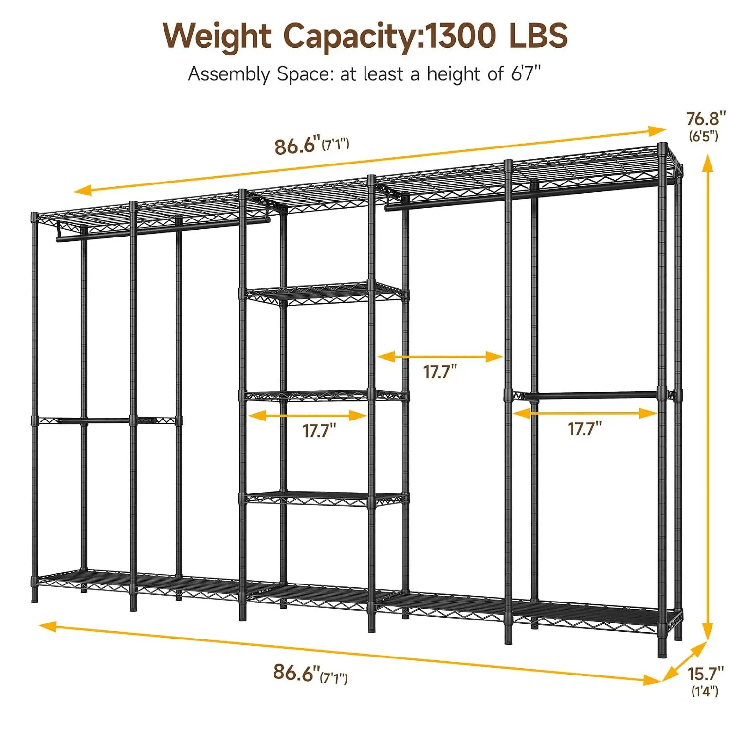 Industrial Pipe Clothing Rack Freestanding Closet Organizer With Shelves & Hanging Rods 86.6in Wide Heavy Duty, Customized