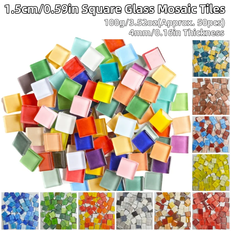 100g/3.52oz(Approx. 50pcs) 1.5cm/0.59in Square Glass Mosaic Tiles 4mm/0.16in Thickness DIY Craft Tile Mosaic Making Materials