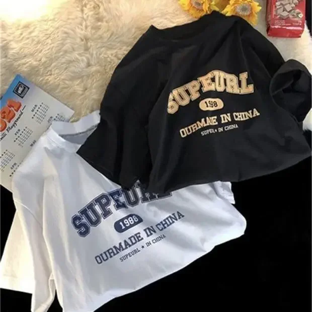 T-Shirt Ort Sve Bedrucktes lässiges amerikanisches SLE-Paar-Top Five-Vierter Sve Round Ne Tee Grafik-T-Shirts Ästhetische Kleidung Y2K-Top