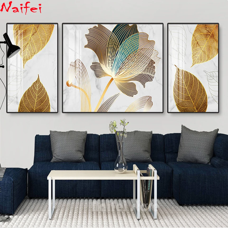 Triptych Golden Ginkgo biloba Lotus Leaf Diy diamond Painting full Diamond Mosaic Embroidery Abstract Creative Line Home Decor