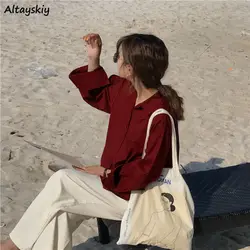 Camicie bordeaux donna Vintage monopetto manica lunga Baggy stile Preppy moda semplice vacanza al mare coreano retrò Oversize