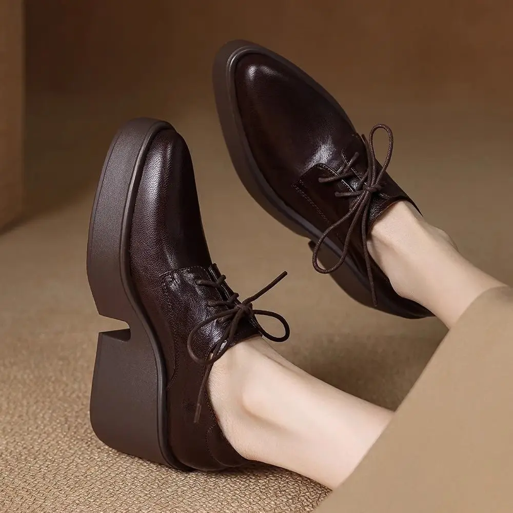 Women's French Soft Leather Platform Loafers with Pointed Toe Lace-Up and Thick Heel for Versatile Work Wear