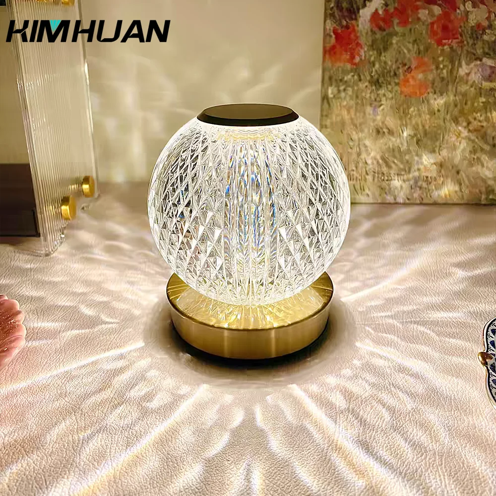 

USB Rechargeable Tri-Colour Dimming Crystal Ball Table Lamp Night Pearl Table Lamp Vintage Ambient Lamp Bedroom Bedside Light