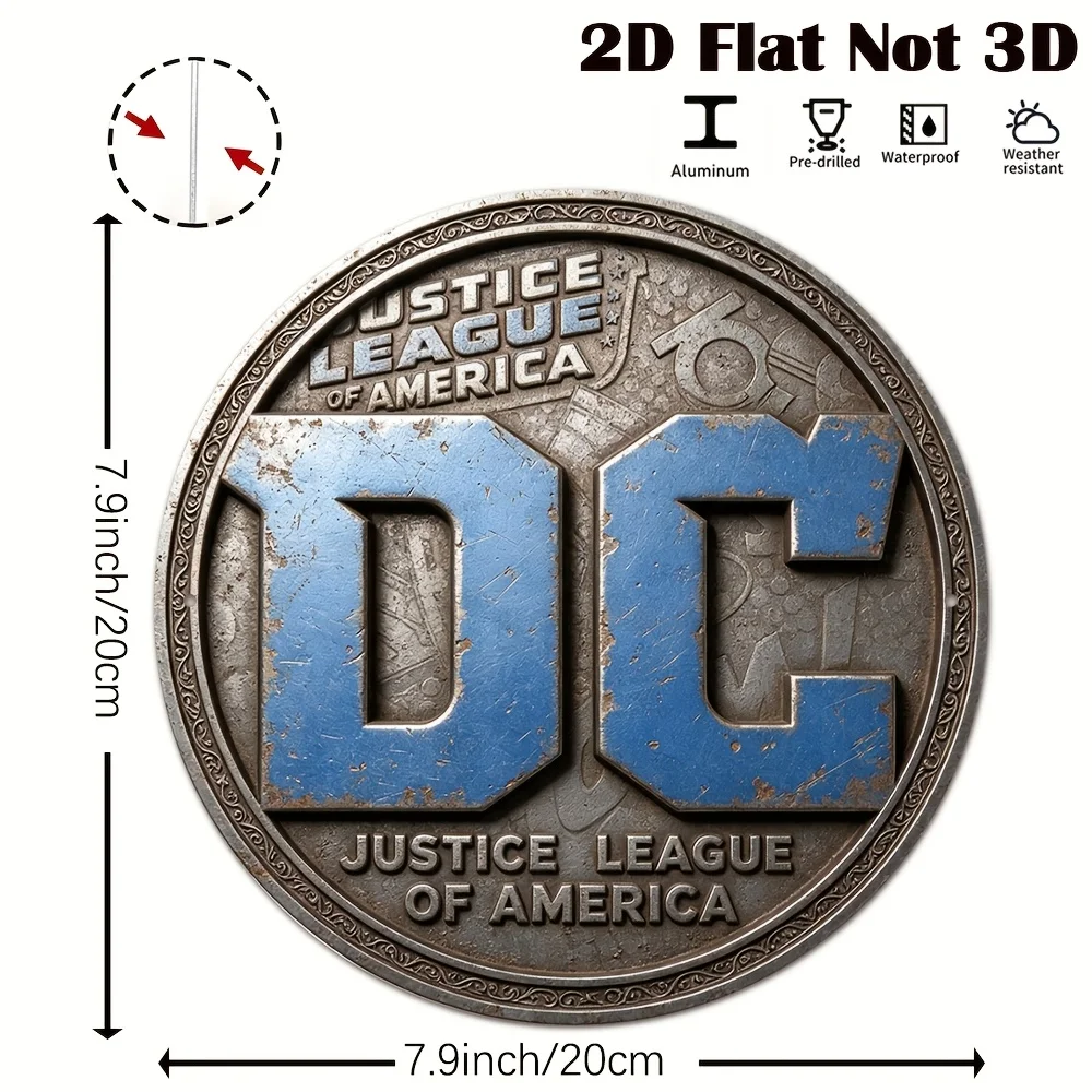 2D Flat, 1pc, 20X20Cm, DC Justice League Retro Distressed Decorative Hanging Sign for Living Room, Entrance Hall, Bar, Wall Deco