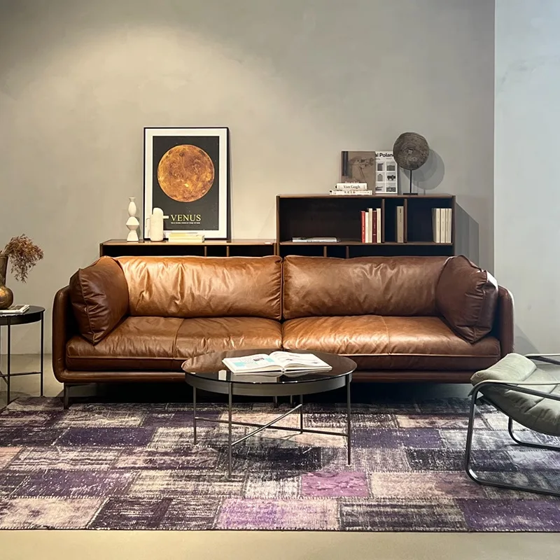 

Medieval oil wax leather sofa living room expression French embrace double triple retro sofa small apartment