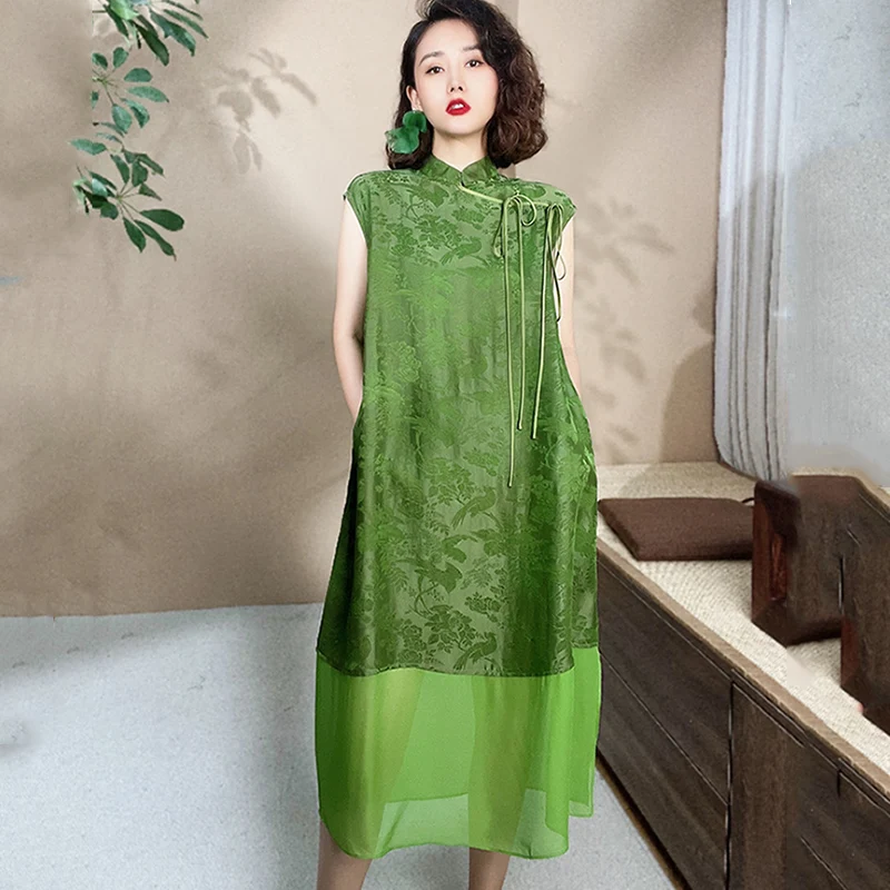 

Summer New Chinese Jacquard Silk Fragrant Cloud Yarn Stitching Dress Retro Green Stand Collar Card Shoulder Woman Cheongsam S-XL