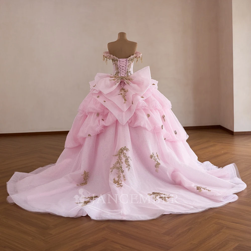 Ball Gown Dresses Quinceanera Dress with Short Sleeves Sequin Lace Ruffles Court Train Beaded Vestido De 15 Customized