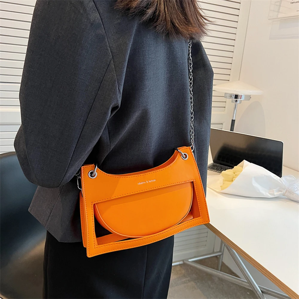 Bright Orange Green Casual Crossbody Bag Cut-out Shoulder Purse With Chain Women Underarm Bag Creative Design Crossbody Pack