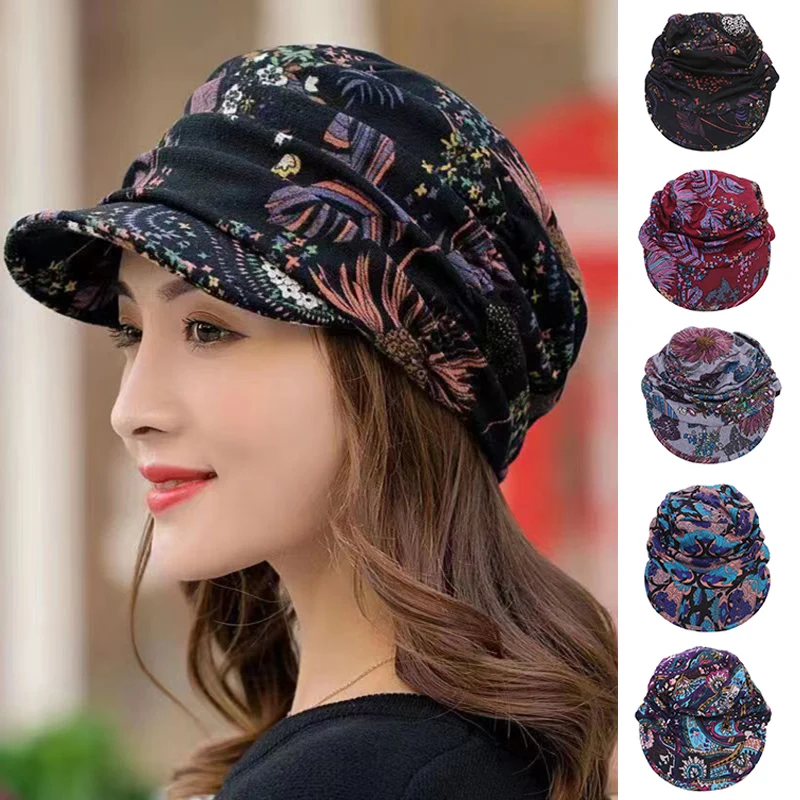 New Autumn Women Peaked Cap Short Brim Warm Foldable Earflap Women Cap Ethnic Style Floral Print Winter Hat Daily Clothing