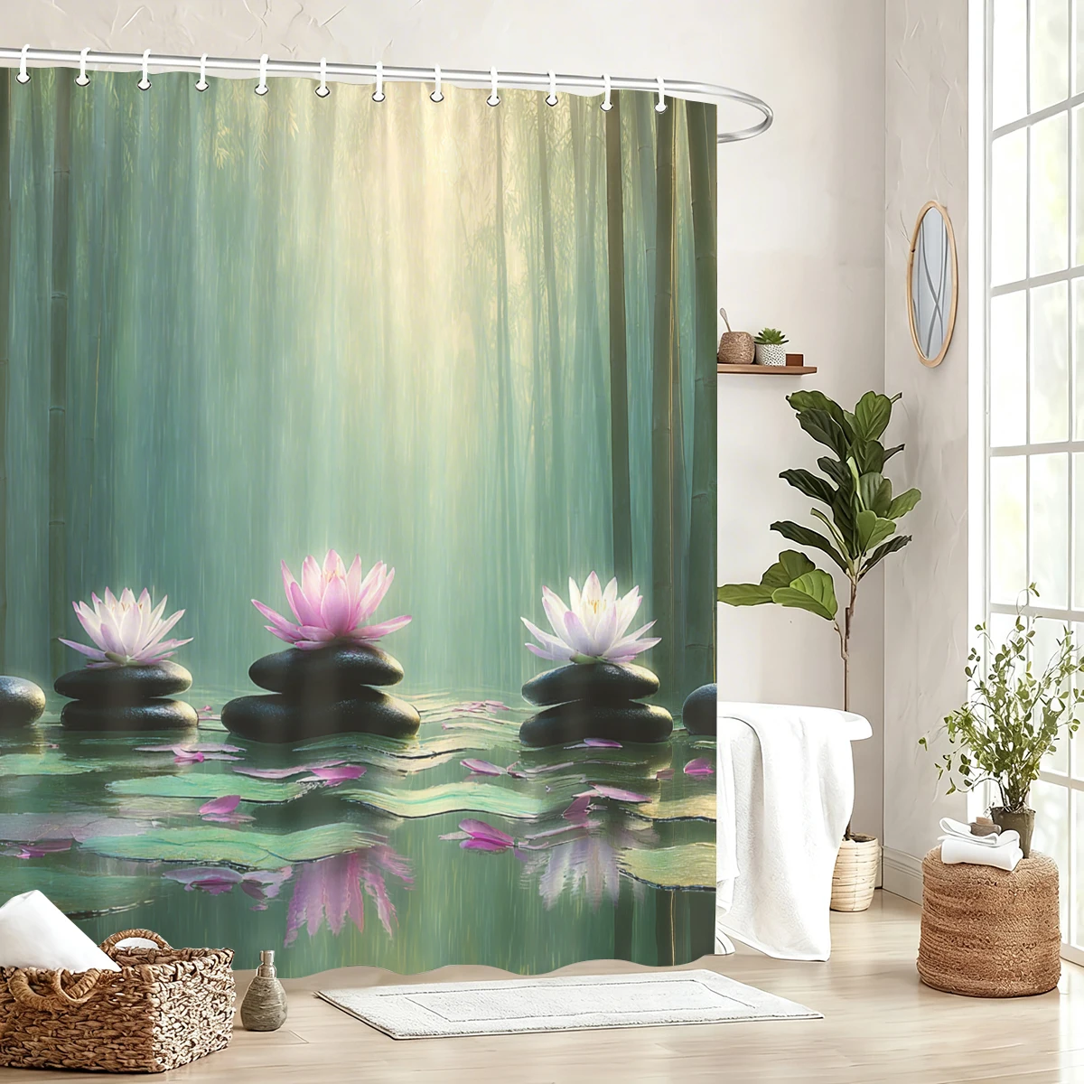 

Serene Bamboo & Lotus Pond Pattern Polyester Shower Curtain - Natural Scenery Bathroom Decor, Stylish Bath Linen for Home