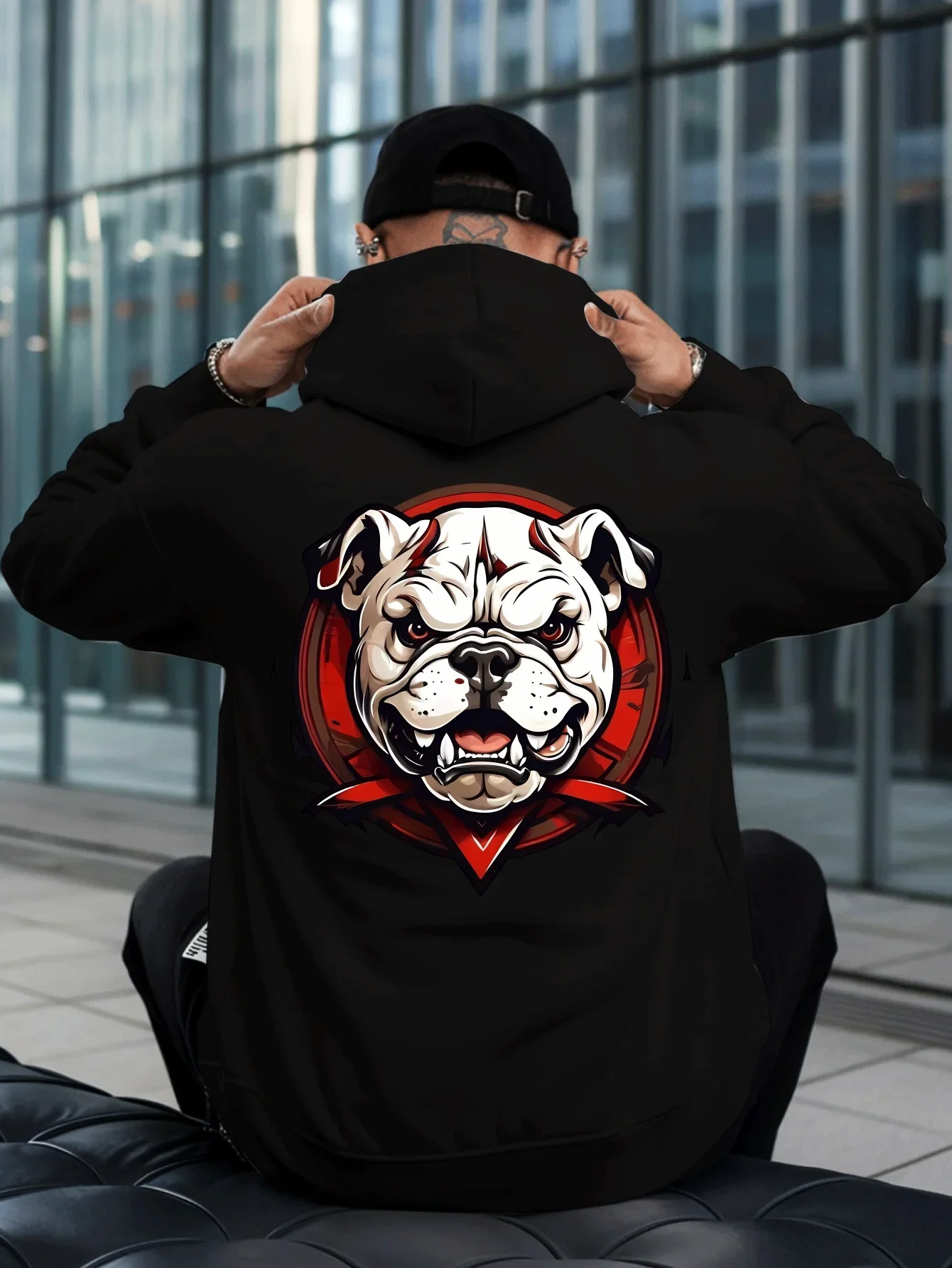 Vintage Street Bulldog Hoodie Men Tough Dog Art Print Pullover Kangaroo Pocket Street Sweatshirt Unisex Loose Autumn Winter