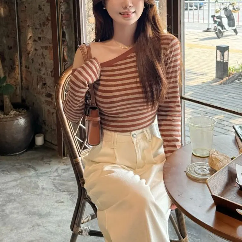 

Spring Autumn Striped T-shirt Korean Slim Women's Clothing Casual Fashion Skew Collar Basic Contrasting Colors Spliced Pullovers