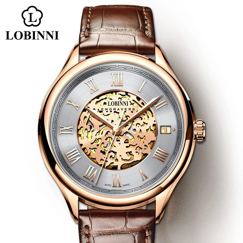 LOBINNI New Top Brand Luxury Vintage Skeleton Dial Automatic Mechanical Watch Dress Auto Day Display Men Watches Reloj Hombre