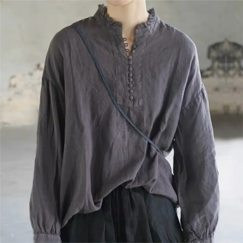 Johnature Japanese Ruffle Collar Long Sleeve Shirts Women New Vintage Casusal Solid Color Loose Linen Shirt For Autumn 2024