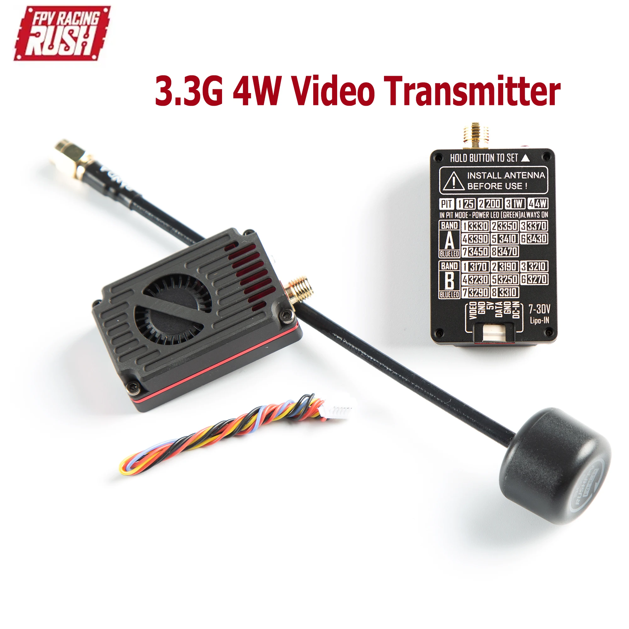 

RUSHFPV 3.3G 4W VTX 7-30V Video Transmitter Supports IRC Tramp Protoco with SMA Antenna for RC FPV Long Range Fixed-wing Drones