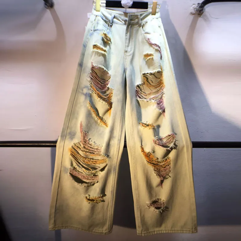 

2025 Spring and Summer New High Waist Skinny Painted Tie-Dyed Brushed Ripped Straight Jeans, Long Denim Pants for Women