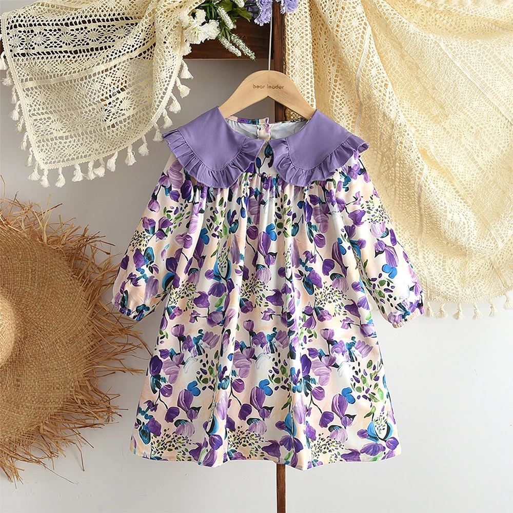 Korean Version Purple Flower Print Kids Dresses for Girls Spring and Autumn New Elegant Long Sleeved Girls' Casual Dress