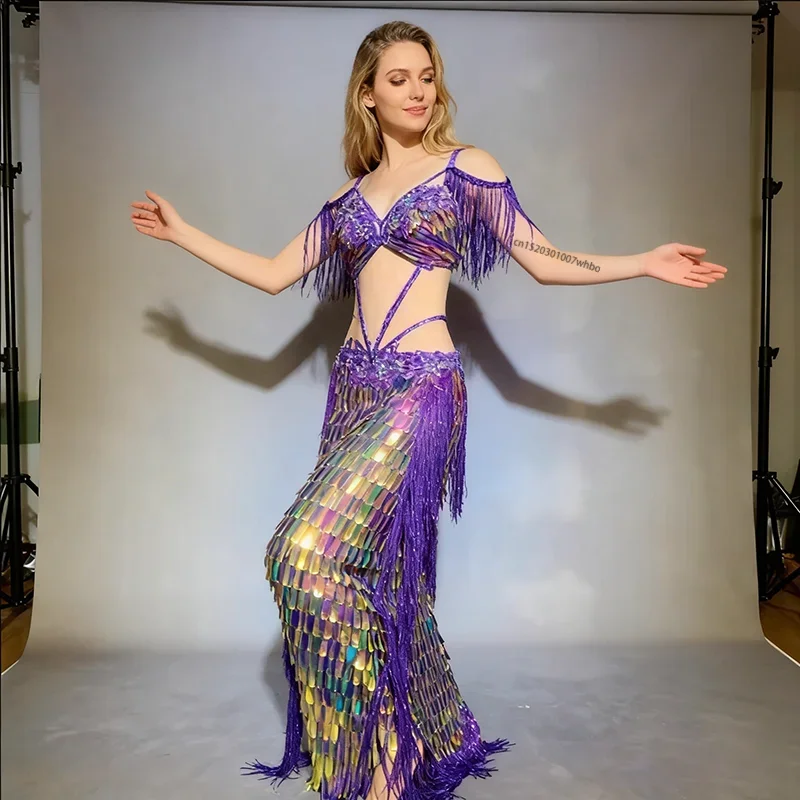 Belly Dance Costume Customized High End Custom Magic Flash Purple Fringed Clothing Female Belly Dancing Stage Performance Outfit