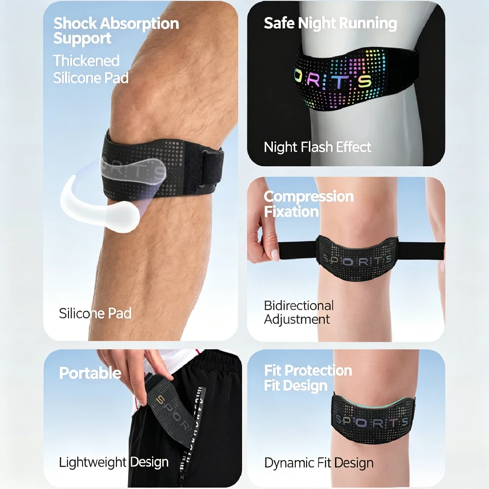 1PCS Silicone Patellar Tendon Strap with Reflective Strip, Adjustable Knee Patella Brace Support for Basketball,Multi-Sport Use
