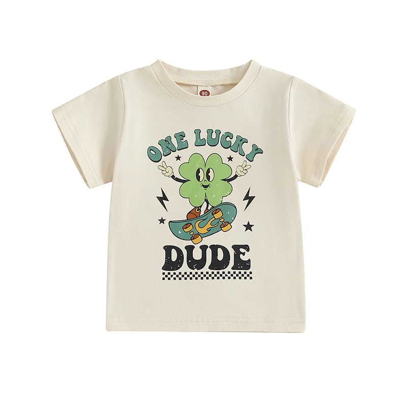 Baby Boy T-shirt Short Sleeve Crew Neck Letters Clover Print Summer Clothes Tops for Casual Daily