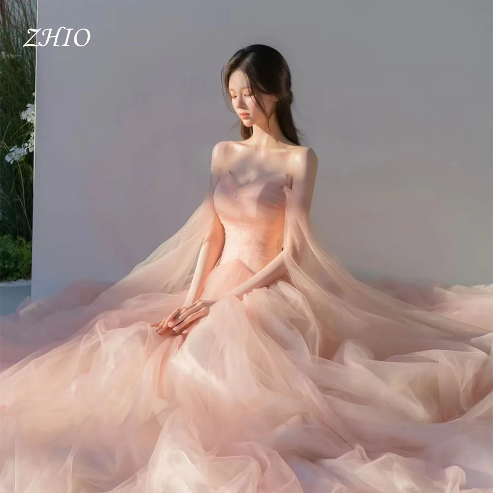 

ZHIO Fairy Blush Tulle Wedding Party Dress Off Shoulder Long Jacket Korea Photo Shoot Bridal Reception Gown Custom 웨딩드레스