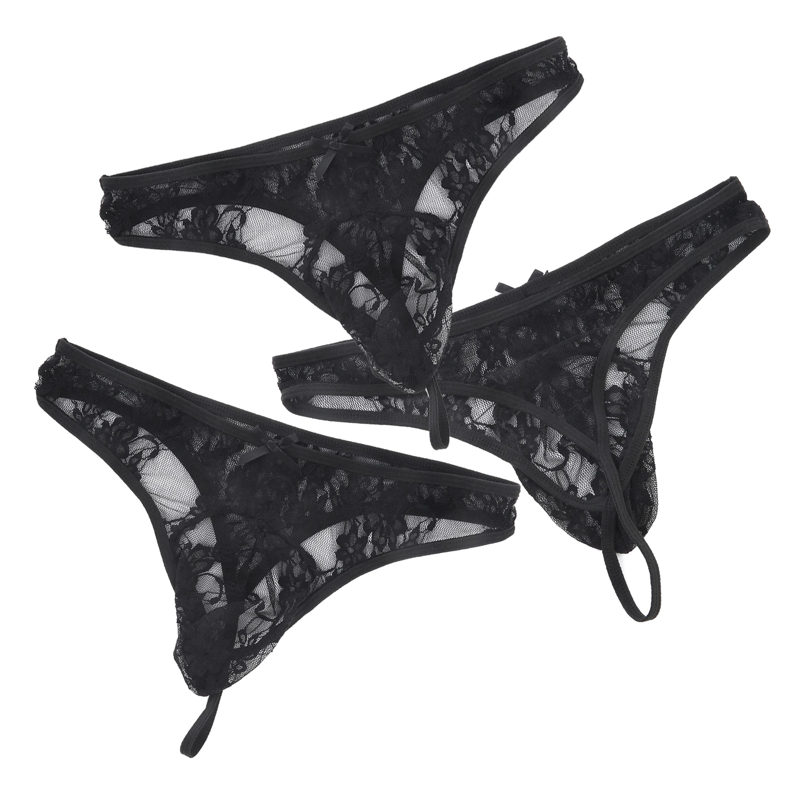 3/ Pack Lace Underwear Bikini Men Thong Sexy Panties Tanga Man G String Penis Pouch Underpants Black Bow Tie T-back