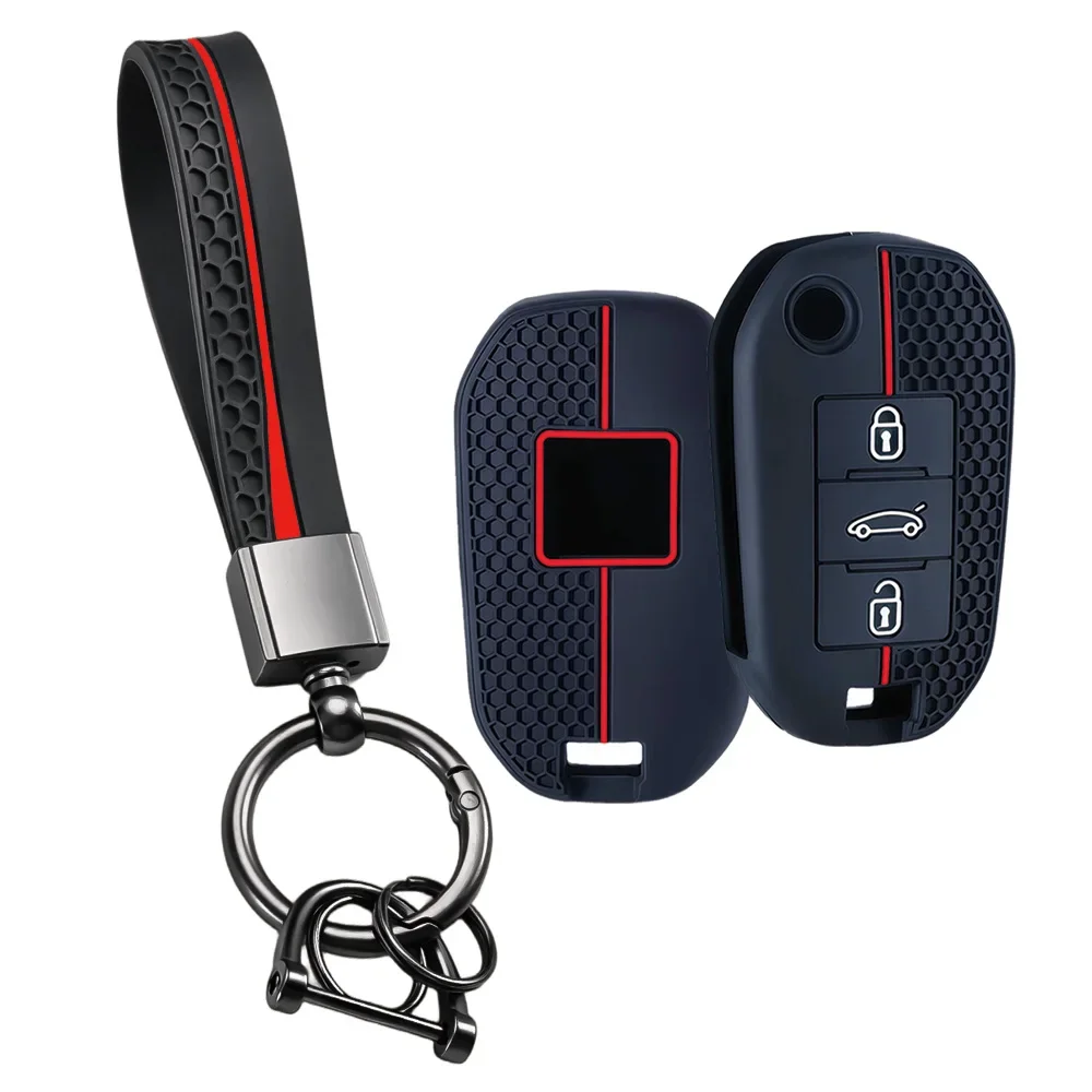 Dynamic Honey Red Case With Keychain For Peugeot 208 408 Citroen CACTUS C6 Non-slip 3 Button Flip Holder
