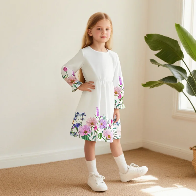

2025 Hot Selling: Fashionable Bestsellers Girls Small Floral Positioning Floral Print Long Sleeve Dress