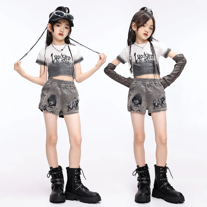 

Summer Girls Retro Crop Top Denim Shorts Street Dance Clothes Sets Kids Hip Hop Streetwear T-shirt Children Jazz Stage Costumes