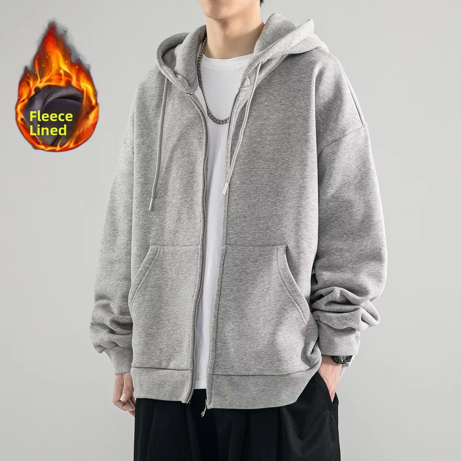 سترة صوفية كبيرة الحجم بغطاء للرأس وسحاب للجنسين، سترة كاجوال مبطنة بالصوف، فضفاضة مقاس كبير، طراز كوري من ألياف البوليستر