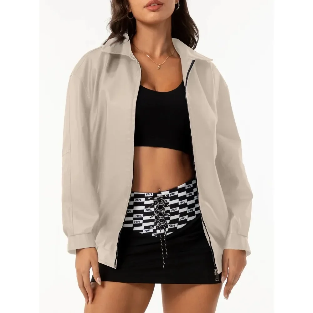 Blouson aviateur en cuir à manches longues pour femme, veste surdimensionnée pour femme, revers, combiné décontracté, printemps, automne, nouveau, 2025