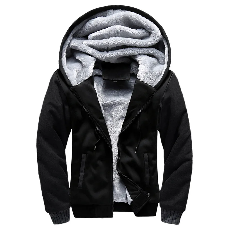 Sweater Plush Solid Color Thick Zipper Winter New Sports Europe and America Men's Cardigan Color Matching Hooded Coat Men