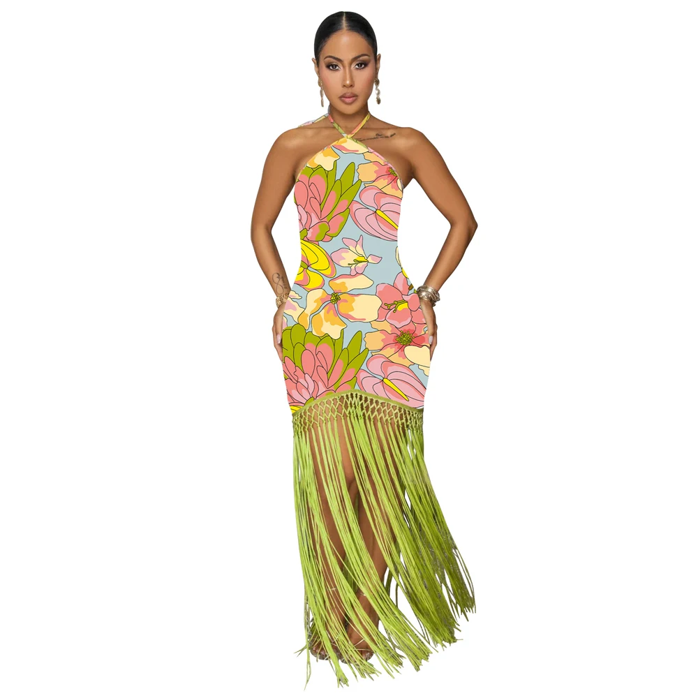 Abito da donna sexy con frange stampate senza maniche con scollo all'americana 2025 Abiti lunghi maxi da sera per feste estive in spiaggia e compleanno