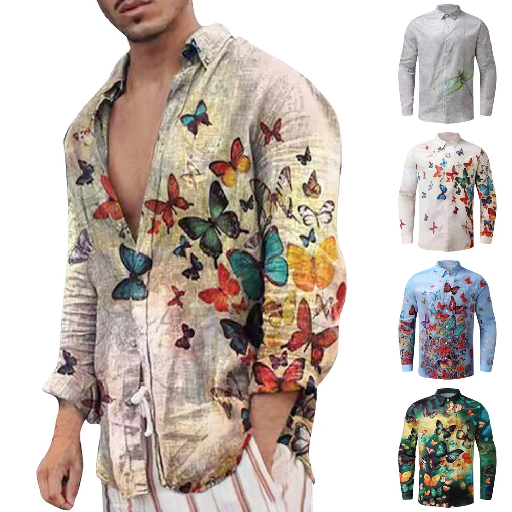 Uomo top camicia da uomo camicia stampata camicia hawaiana a maniche lunghe da uomo allentata Plus Size camicia abbottonata con stampa a farfalla Casual