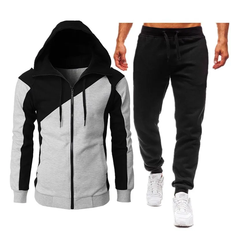 2024 autumn and winter sports two-color spliced jacket long sleeved long pants hooded casual sports men\'s suit